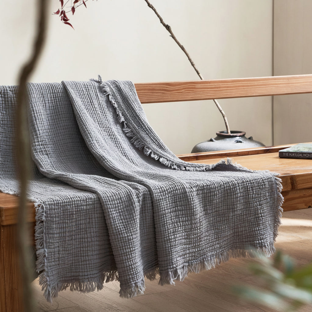 Japanese Four-Layer Muslin Cotton Tassel Throw Blanket