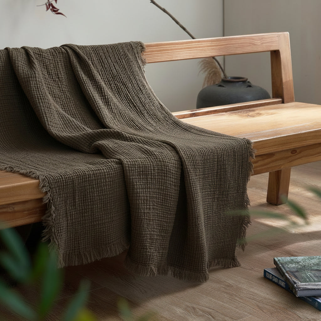 Japanese Four-Layer Muslin Cotton Tassel Throw Blanket