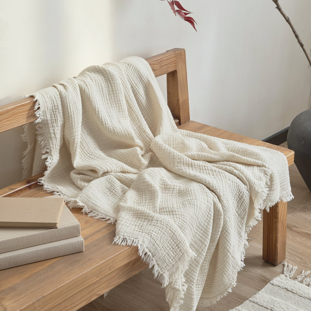 Japanese Four-Layer Muslin Cotton Tassel Throw Blanket