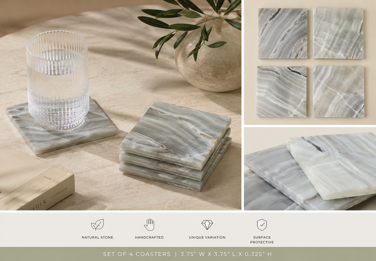 Sage Onyx Coaster Set – Handcrafted Natural Stone Coasters (Set of 4)
