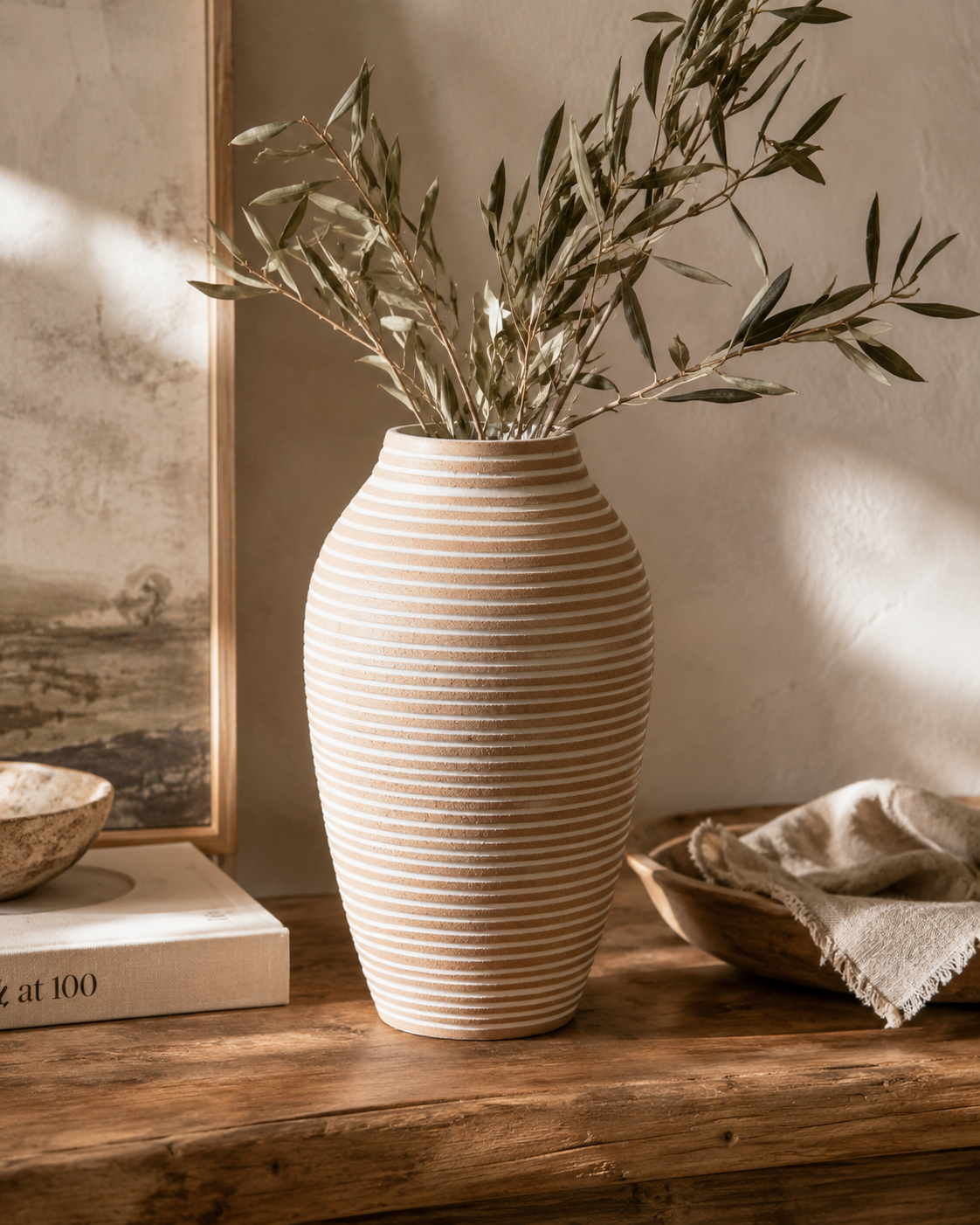 White Striped Mango Wood Vase