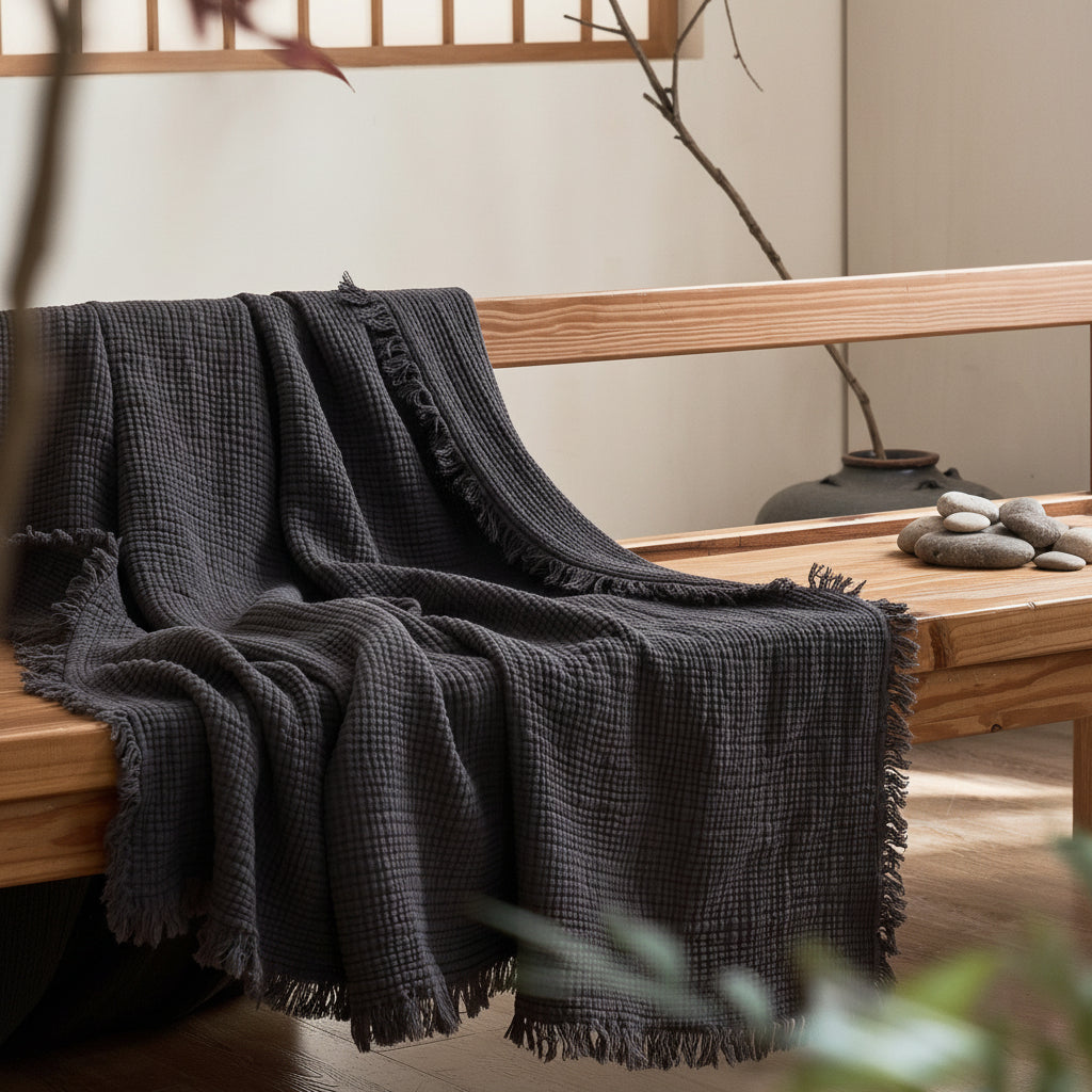 Japanese Four-Layer Muslin Cotton Tassel Throw Blanket